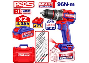 Emtop Akülü Kömürsüz Motor Metal Mandren Darbeli Matkap 20 V 2.0 AH 96N-M