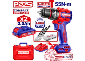 Emtop Akülü Kömürsüz Motor Metal Mandren Darbeli Matkap 20 V 2.0 AH 55 N-M