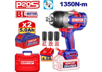Emtop Akülü Kömürsüz Motor Somun Sıkma Sıkıştırma Torku 1350 N-M Sökme Torku 1900 N-M 20 V 5.0 A-H