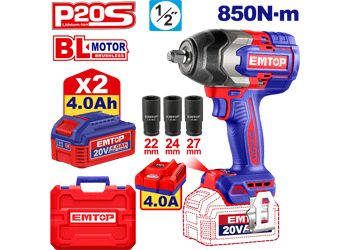 Emtop Akülü Kömürsüz Motor Somun Sıkma Sıkıştırma Torku 850 N-M Sökme Torku 1000N-M 20 V 4.0 A-H