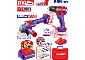 Emtop Akülü Kömürsüz Motor Metal Mandren Darbeli Matkap 20 V 4.0 AH 66 N-M ve Motor Taşlama 1000W 20 V 4.0 AH