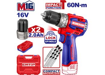 Emtop Akülü Kömürsüz Motor Metal Mandren Darbeli Matkap 16 V 2.0 AH 60 N-M